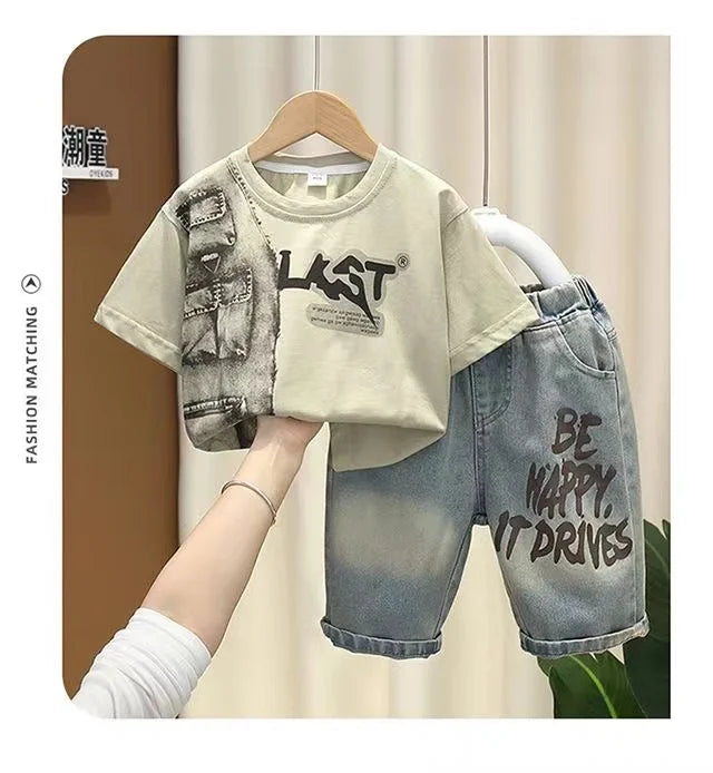 Boys Summer Clothing Set 2024 New Handsome Children's Short Sleeved Clothes Trendy Baby T-shirt Jeans Thin Two-piece Set