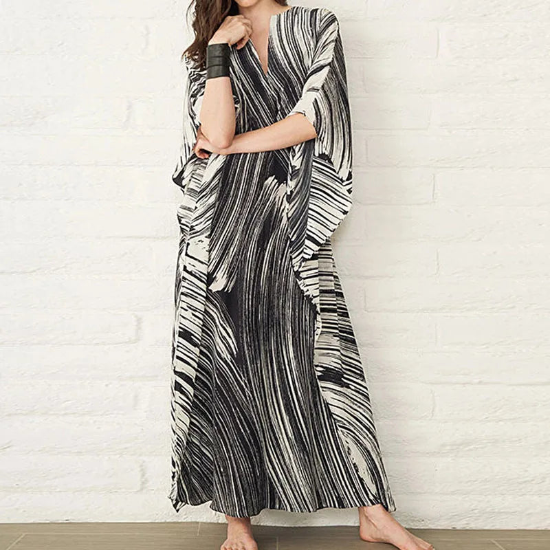 Women's Dress Fashion Beach Vacation Striped Printed Robe 2023 Summer New Casual Vintage Loose Waist V-Neck Long Dresses Female