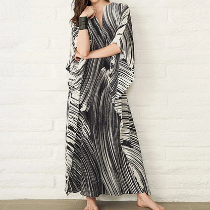Women's Dress Fashion Beach Vacation Striped Printed Robe 2023 Summer New Casual Vintage Loose Waist V-Neck Long Dresses Female