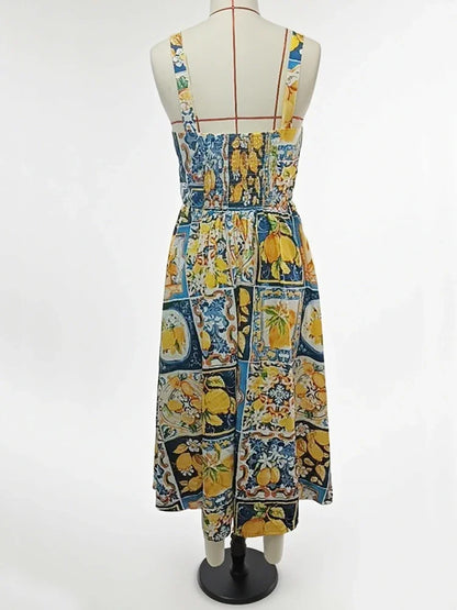 Summer Dress Woman 2025 Sexy Strap Lemon Print Bohemian Vacation Elegant Long Sundress
