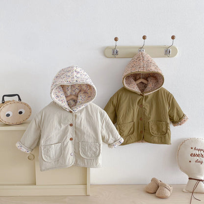 Kids Winter Jacket for Boy 1-6Y Girls Children's Coats Reversible Hooded Jacket Thickened Fleece Lined 2 Way Wear Warm Outerwear
