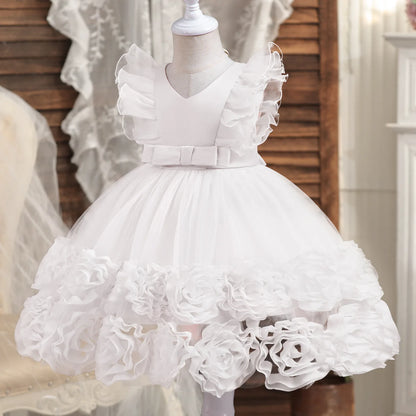 Elegant Party Dresses For Flower Girls Flying Sleeves Bow Puffy Princess Dress For Children Birthday Wedding Baptism Prom Gown