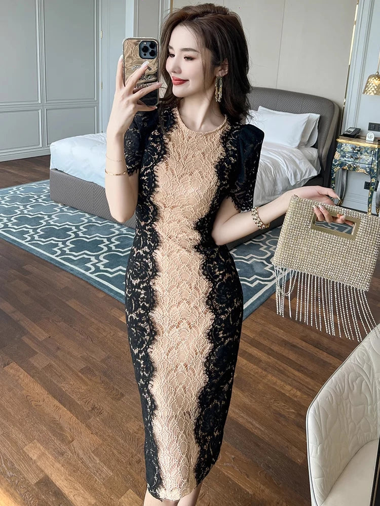 Fashion Summer Elegant Evening Dress For Women Lace Chic Short Sleeve Slim Midi Party Gown Mujer Stretchy Vestido Street Clothes