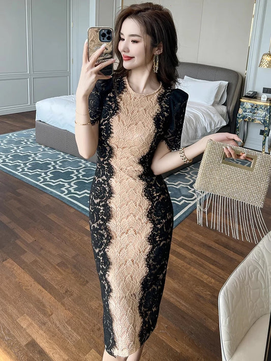Fashion Summer Elegant Evening Dress For Women Lace Chic Short Sleeve Slim Midi Party Gown Mujer Stretchy Vestido Street Clothes