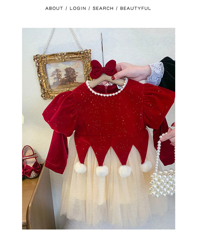 Winter Bow Sequin Dress for Girls' 2025 New Fashion Baby Red Christmas Dresses Velvet Patchwork Mesh A-line Princess Dress