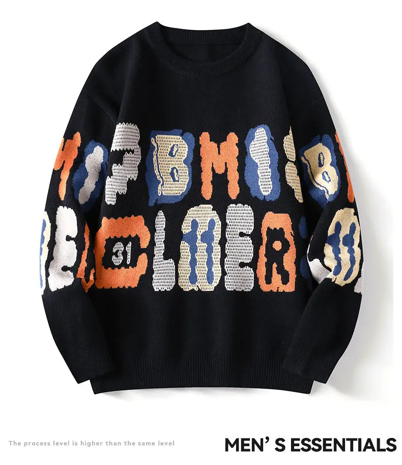 New Graffiti Printed Winter Letter Warm Men's Knitted Sweater Fashion Hoodies Loose Warm Street Autumn Woolen Pullover