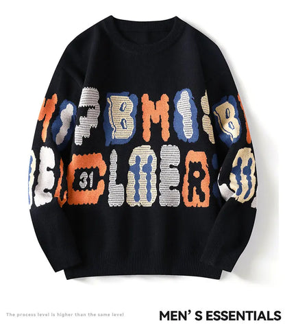 New Graffiti Printed Winter Letter Warm Men's Knitted Sweater Fashion Hoodies Loose Warm Street Autumn Woolen Pullover