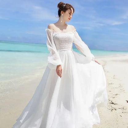 Dresses for Women Summer New Chiffon off-Shoulder Dress White Dress Vestido De Mujer