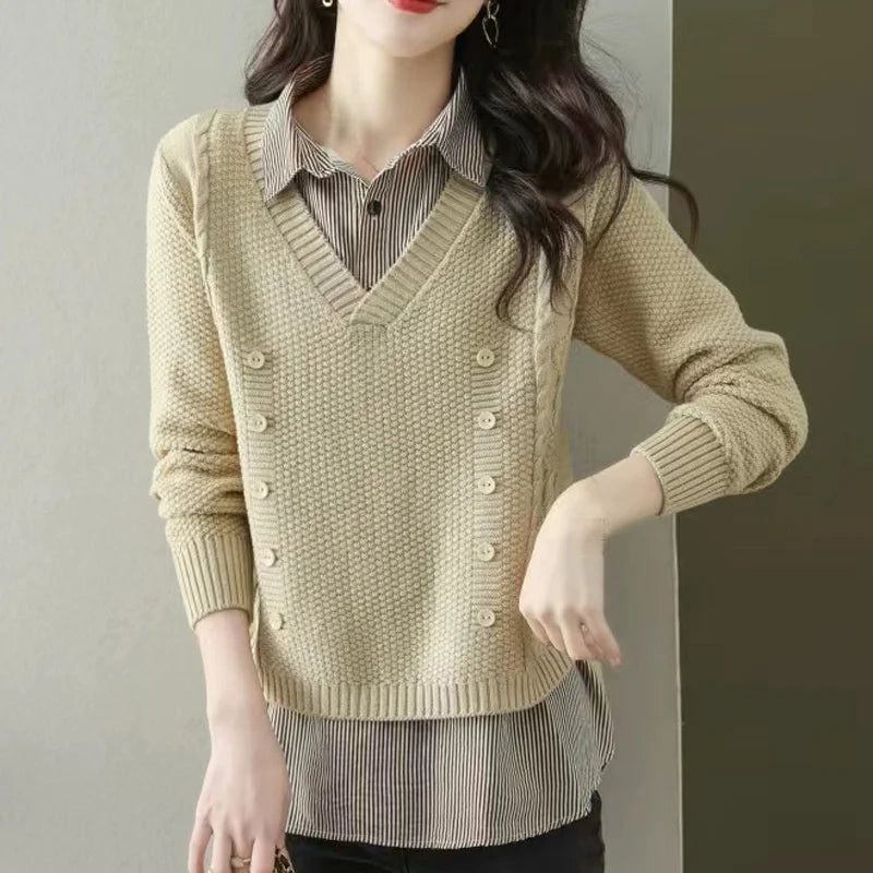 New Fake Two Piece Top Knit Sweater Women's Splice Shirt Collar Spring Autumn  Korean Loose Long Sleeve Sweater Female Pullover