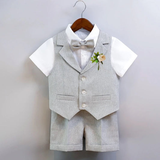Boys Dressy Shorts Set Summer Elegant Vest Outfits for Kids School Performance Formal Wear Flower Boy Wedding Blazers Tuxedo