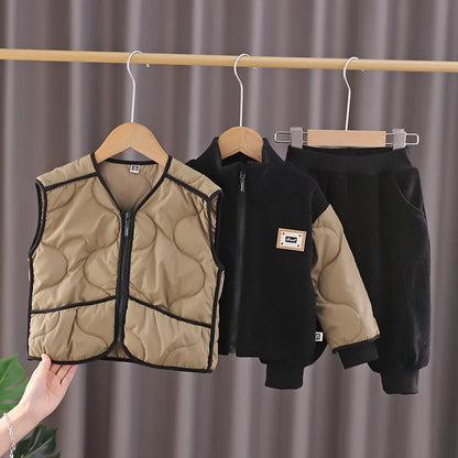 Winter New Baby Hooded Cotton Coat Long Sleeve Set for Boys and Girls' Vest with Velvet and Thickened Casual Three Piece Set