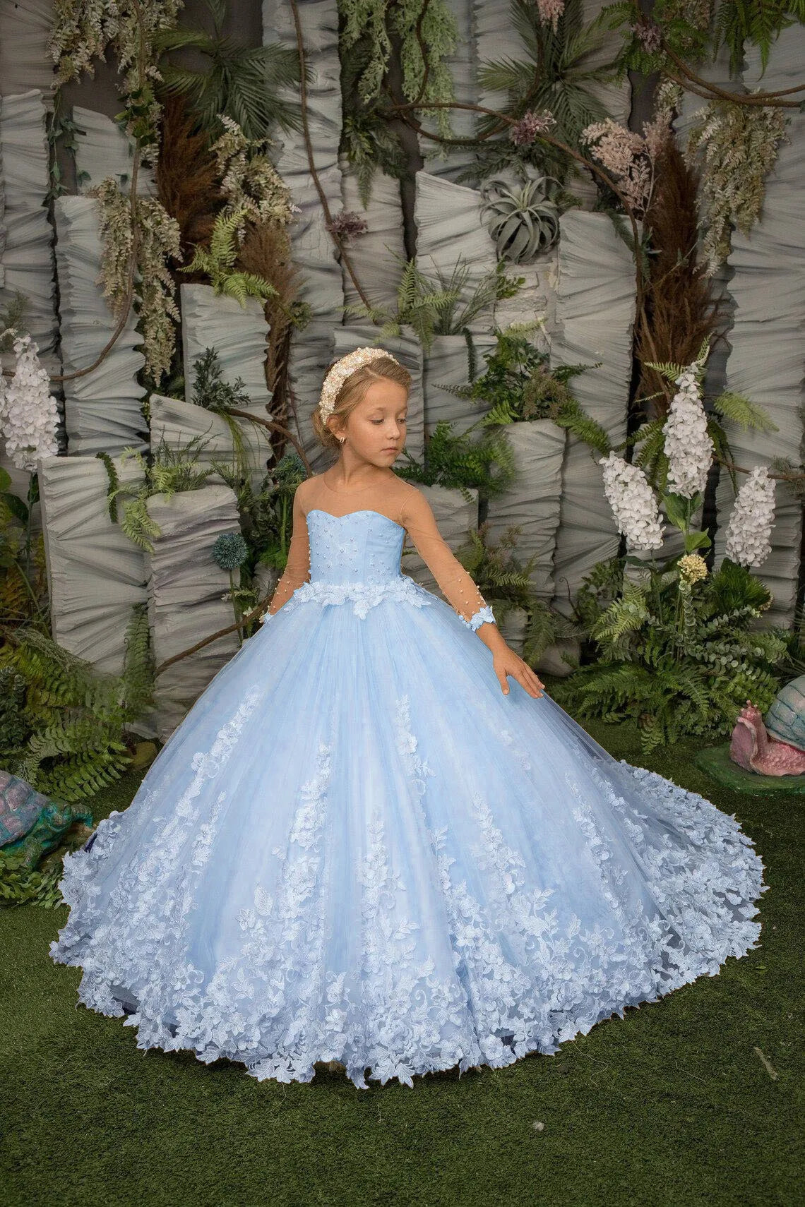 Flower Girl Dress Floral Lace Applique Children Wedding Party Gowns New Kids Clothes Princess First Communion Dress