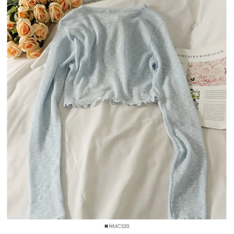 Summer Thin Outerwear Sun Protection Cardigan Ice Silk Knit Women Tops Bow Lace Up Short Suspender Skirt Shawl Airable Shirt