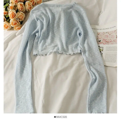 Summer Thin Outerwear Sun Protection Cardigan Ice Silk Knit Women Tops Bow Lace Up Short Suspender Skirt Shawl Airable Shirt