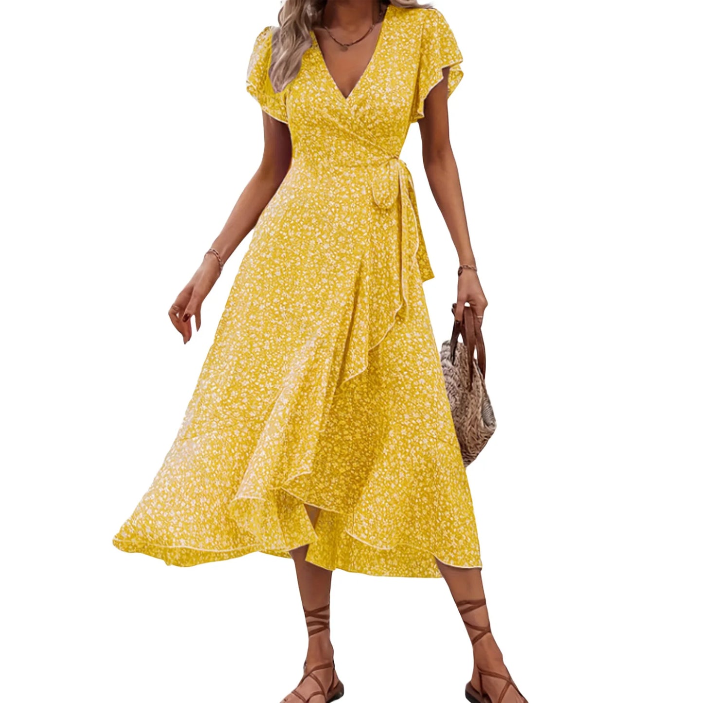 Women's Summer Flower Print Ruffle Dress Fashion 2025 Elegant Short Sleeve Wrap V Neck Tie Side Dresses