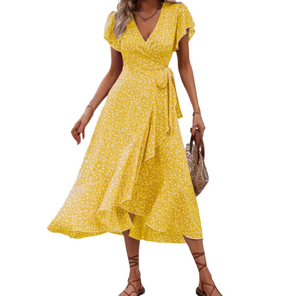 Women's Summer Flower Print Ruffle Dress Fashion 2025 Elegant Short Sleeve Wrap V Neck Tie Side Dresses