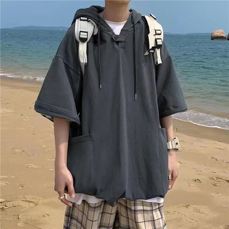 Summer Men's Short-sleeved Sweatshirt with Hat High Street Trend New T-shirt Half-sleeved Hooded Denim T-shirt