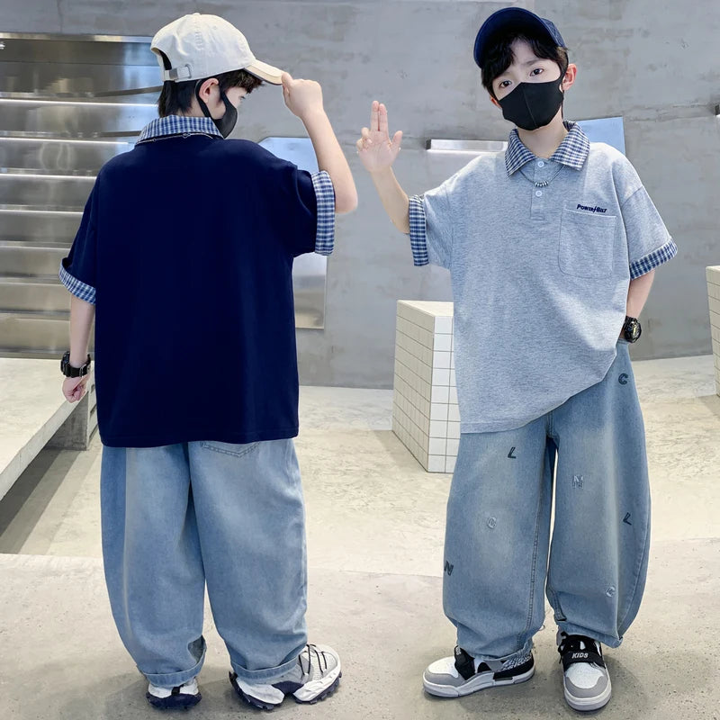 Boys Summer Clothing Set Children Short-Sleeve Polo Shirt Top+ Denim Pants Two-Piece Set 2025 New