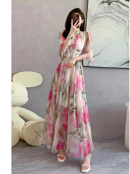 Summer Holiday Floral Dress Women Beach Flower Print Flare Sleeve Back Bow Lace Up High Waist Draped Chiffon Party Long Vestidos