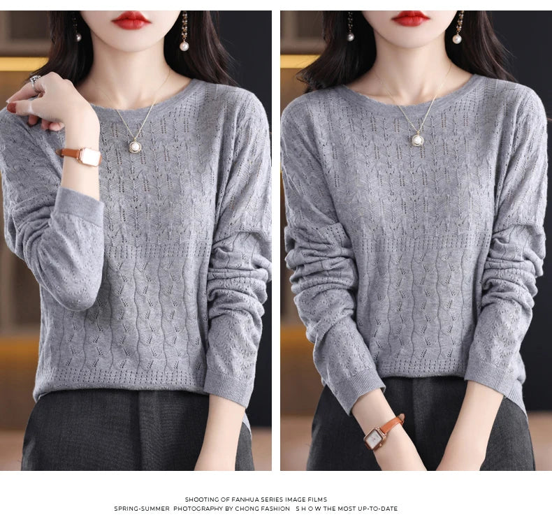 Worsted Wool Sweater Women's Spring 2023 New Western-Style Solid Color Round Neck Top With Long Sleeve Bottom Hollowed-Out Thin