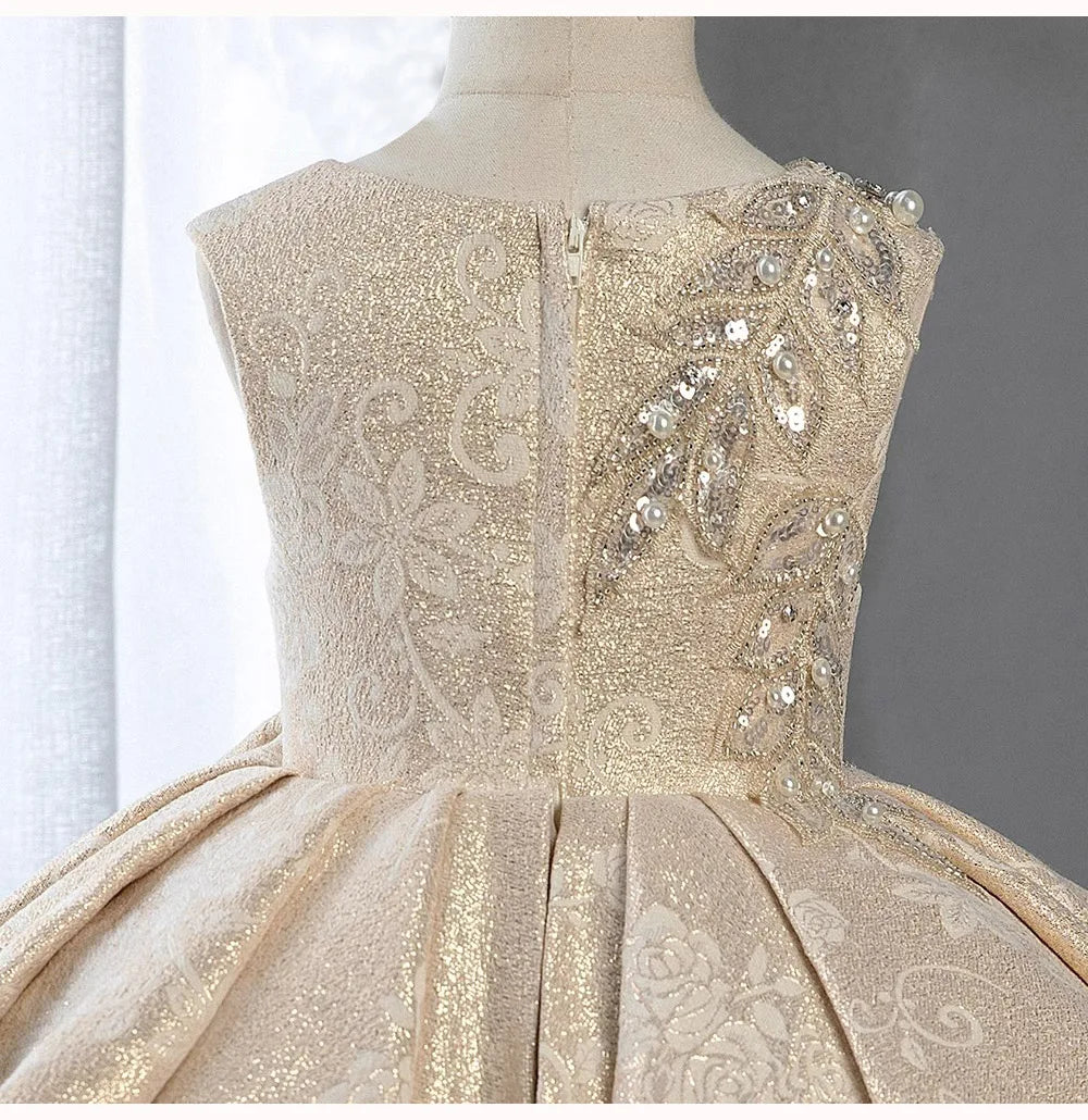 Toddler Girls Christmas Party Princess Dress Embroidery Beading Pearl Lace Children Ball Gown Birthday Performance Prom Dresses