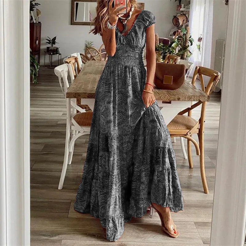 Women's Summer New Ethnic Style Printed Dress  Short-sleeved Waist Dress Fashionable Floral Petal Sleeves Large Hem A-line Dress