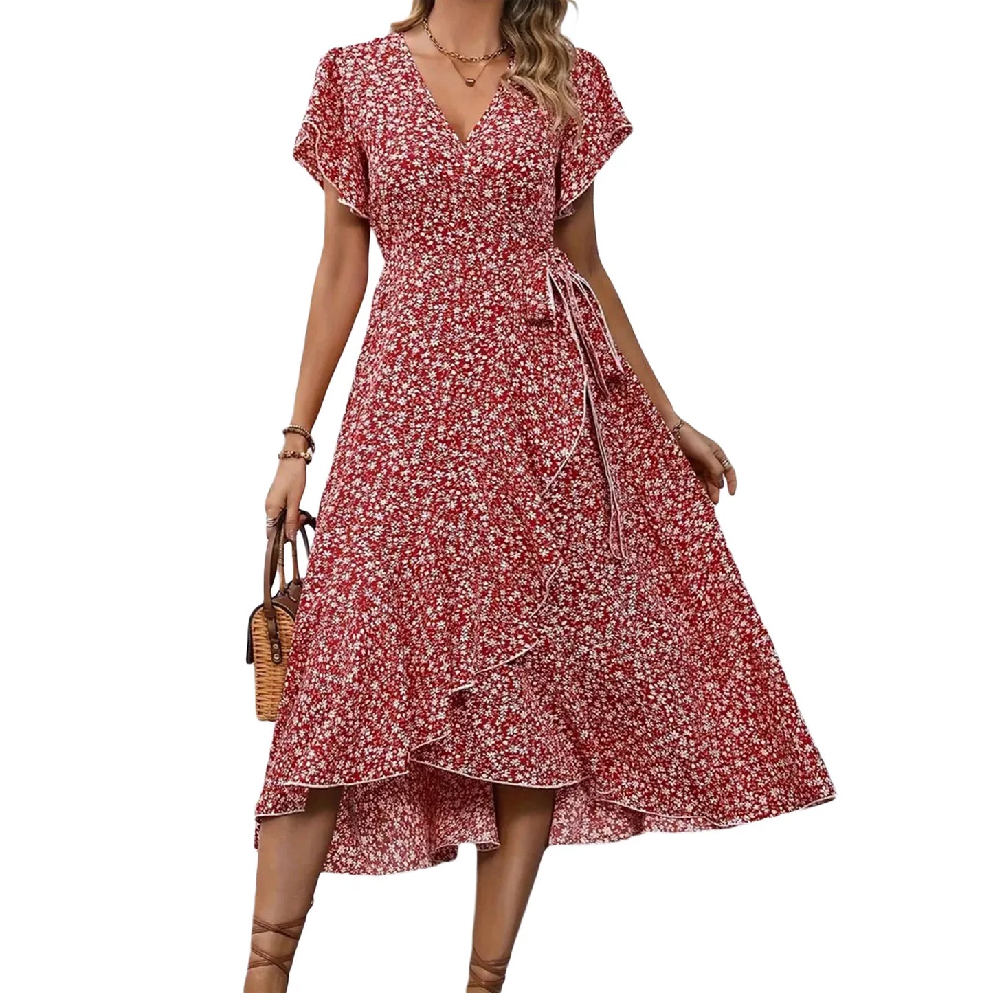 Women's Summer Flower Print Ruffle Dress Fashion 2025 Elegant Short Sleeve Wrap V Neck Tie Side Dresses