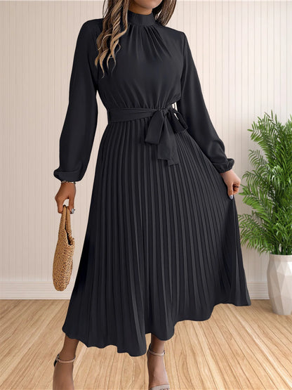 Women's Long Dresses Summer Elegant Pleated Long Sleeveed Lace Up Dresses Beach Boho Wrap Ruffle Hem Swing Sundress