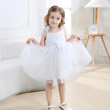 Flower Girl Dresses Pink Tulle Puffy With Bow Sleeveless Toddler Girls Baptism Wedding Birthday Party Dress Leisure Frocks