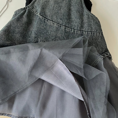 Girls Summer Dress 2025 New Summer Strap Dress Children Princess Denim Fashion Yarn Patchwork Dress