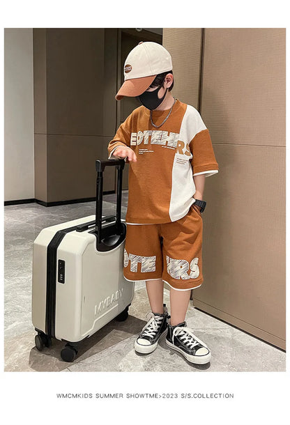 4 5 6 8 10 12 14 Years Summer Boys Clothing Sets New Fashion Letter Top + Shorts 2Pcs Kids Tracksuit Birthday Gifts Kids Clothes