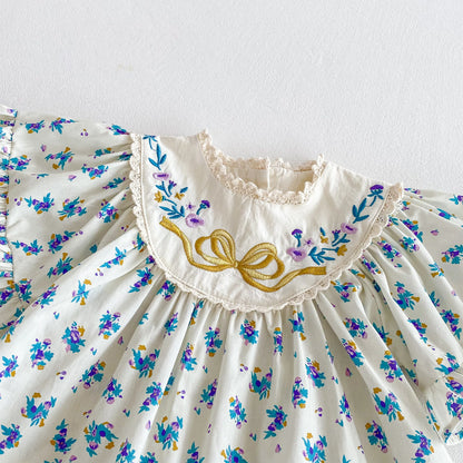 Summer girls' dress, bow-embroidered fly-sleeved dress, floral printed casual dress