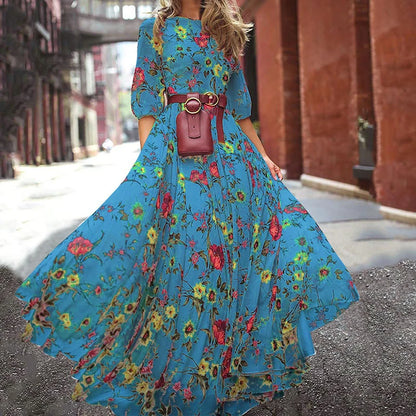 Summer Bohemian Floral Long Dress For Women Casual Holiday Beach Zipper Round Collar Pocket Slim-fitting Swing Robe Vestidos