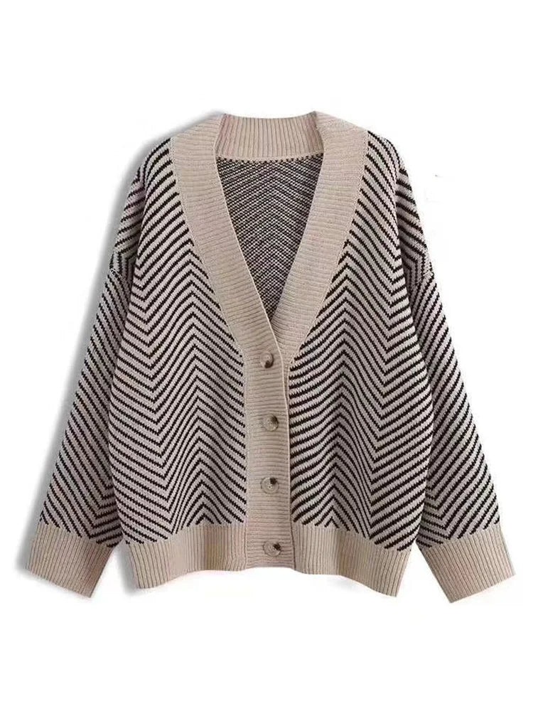 Winter Women Casual Striped Loose Cardigan Sweater V Neck Bottons Sweater Autumn Long Sleeve Knitted Coat Elegant Winter Clothes
