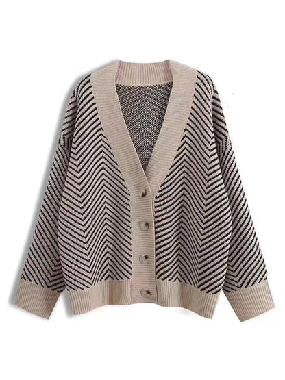 Winter Women Casual Striped Loose Cardigan Sweater V Neck Bottons Sweater Autumn Long Sleeve Knitted Coat Elegant Winter Clothes