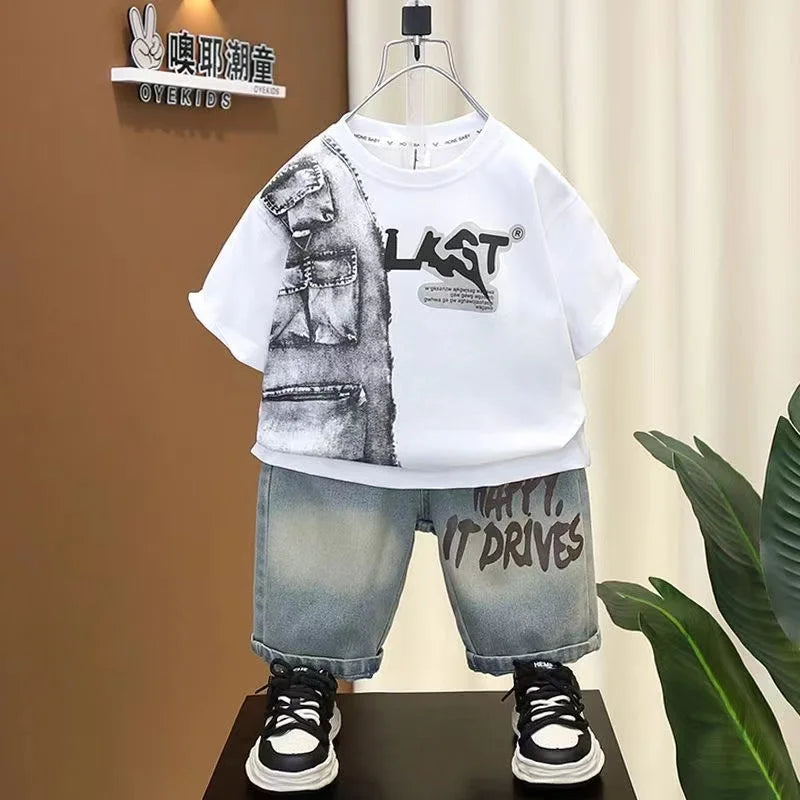 Boys Summer Clothing Set 2024 New Handsome Children's Short Sleeved Clothes Trendy Baby T-shirt Jeans Thin Two-piece Set
