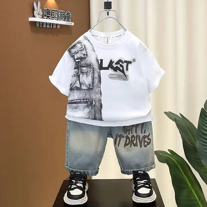 Boys Summer Clothing Set 2024 New Handsome Children's Short Sleeved Clothes Trendy Baby T-shirt Jeans Thin Two-piece Set