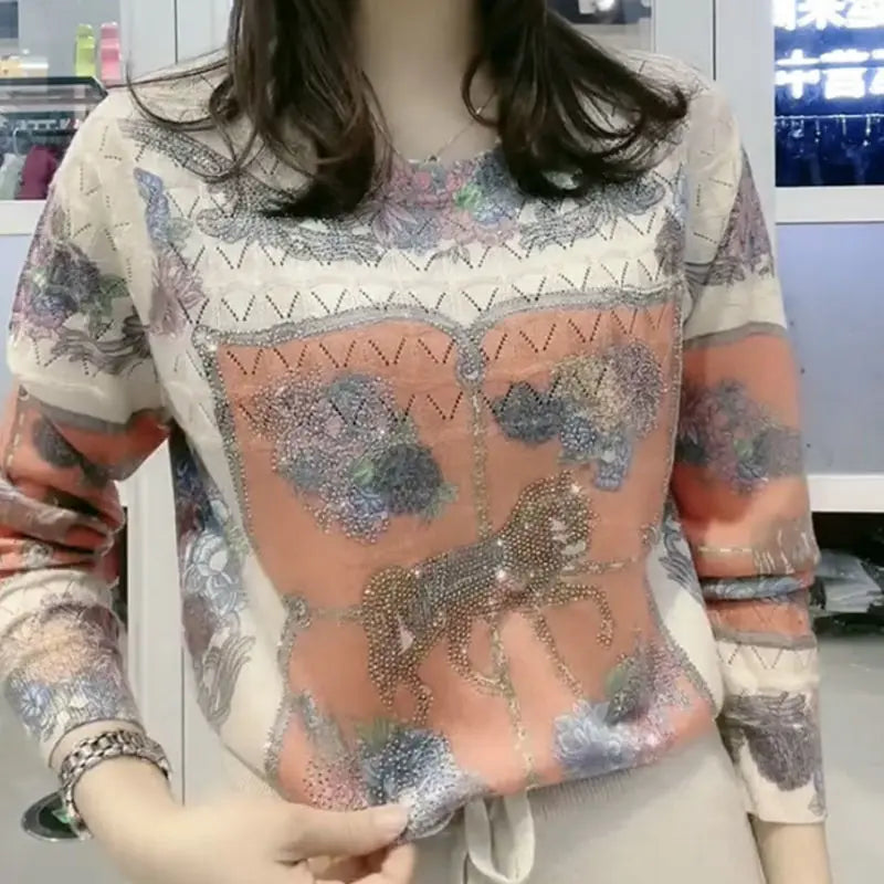 Autumn Winter O Neck Printing Diamonds Sweater Ladies Loose Casual Pullover Knitting Top Women Fashion Trend All-match Jumpers