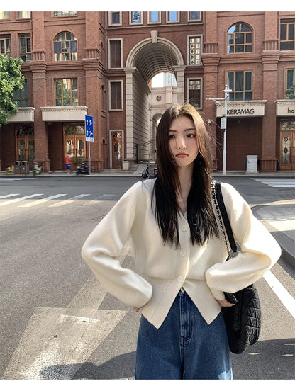 Zjaiss 2025 Autumn Winter Elegance Solid Color V-neck Sweater Knitted Casual Cardigan Unique And Niche Slim Fit Tops