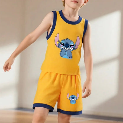 Summer Boys Basketball Clothes Sets Breathable Mesh Children's Casual Outfits Stitch Printed Kids Vest and Shorts 2pcs Suit New