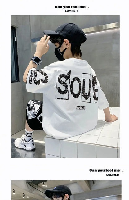 Boys Summer Trendy Casual Sports 2pcs T-shirts+Pants Suits 3-14 Years Teenage Boys Hip Hop Style Fashion Outfits Clothes Sets