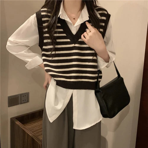Women Autumn Winter Preppy Style Sweater Vest New Fashion Pullover Elastic Knit Ladies Jumper Casual Stripped Female Basic Tops