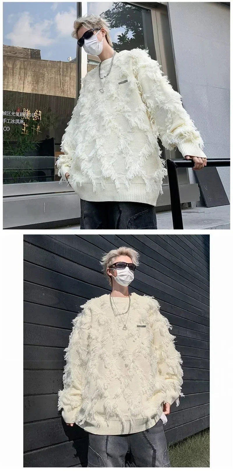 Winter Men's Ripped Fringe Raw Edge Sweater Hip Hop Fashion Knitwear Pullovers Y2K Vintage Streetwear Knitted Jersey Clothes