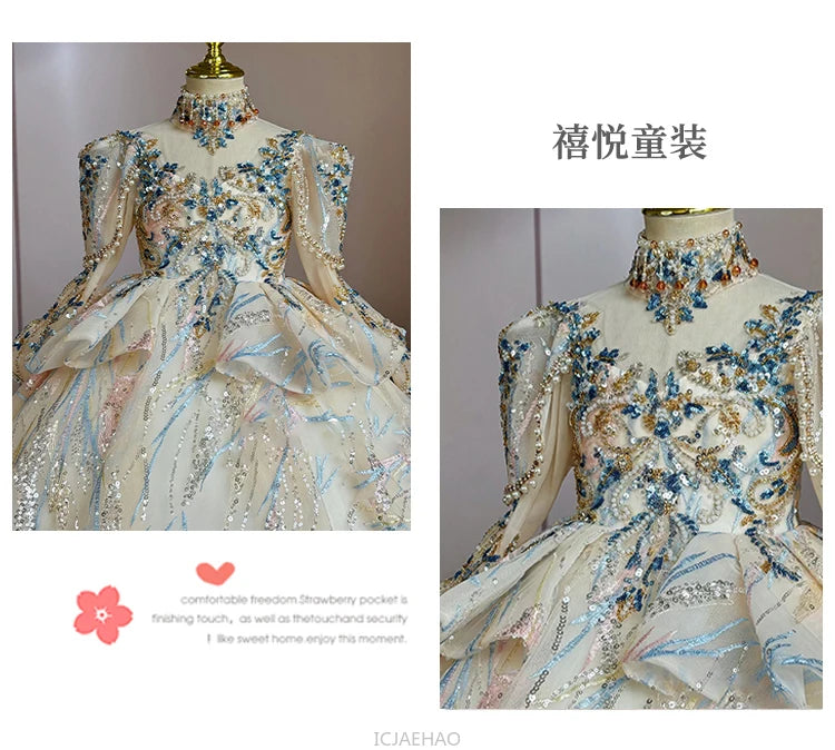 Girls Summer Party Dress Puffy PrincessFlower Pageant Host Formal Gown Girl Outfit Piano Recital Performance Birthday Wedding