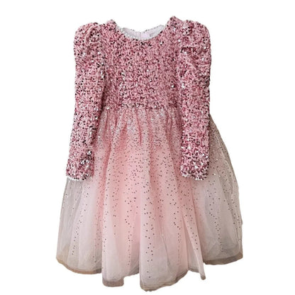 Girls' Dress with Bright Opening Veil and Thick Velvet, Super Fairy Princess Dress, 2025 Winter Clothing New Children's Clothing
