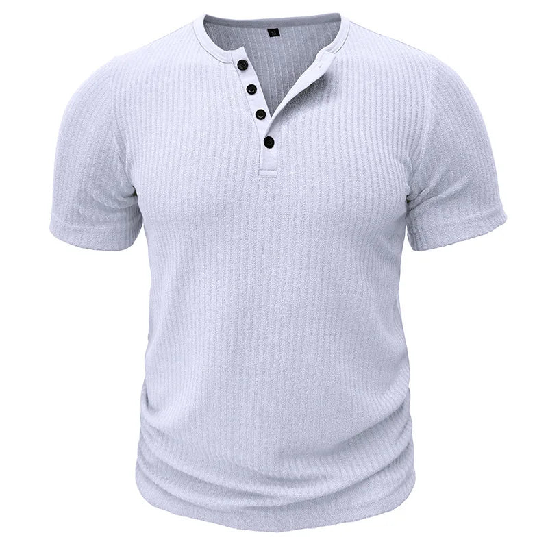 Summer Trend Men's Short Sleeve Casual T-Shirts Solid Henley Neck Button Up Pullover Tops Spring Turn Down Collar Basic Shirt