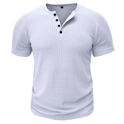 Summer Trend Men's Short Sleeve Casual T-Shirts Solid Henley Neck Button Up Pullover Tops Spring Turn Down Collar Basic Shirt