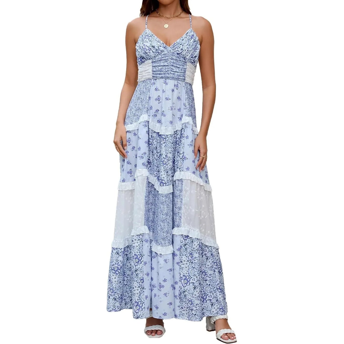 Women'S Spring/Summer Casual V-Neck Floral Printed Beach Midi Dresses Vestido Mujer Summer Dress Robe Femmes Dress Women