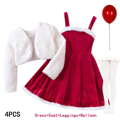 2026 New Year Dress For Girls Autumn And Winter Plush Jacket & Suspender Suits Elegant Dress Carnival Party Christmas Dresses