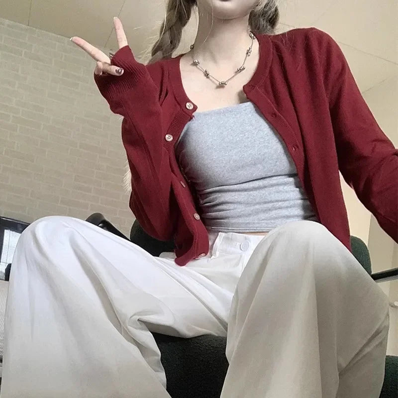 Autumn Long Sleeve Women Elegant Cardigan Sweater Slim Fit Solid Color O-neck Knitted Top Fashion Short Coat